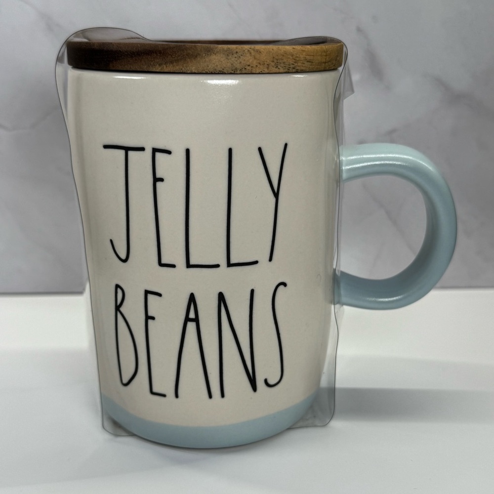 RAE DUNN Jelly Beans Ceramic Mug with Lid Light Blue Easter Collection NEW